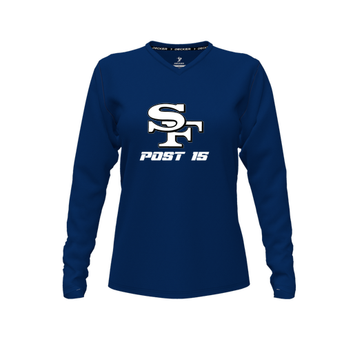 [CUS-DFW-TEES-CMF-VNK-LSL-NVY-FYXS-LOGO3] Decker Comfort T-Shirt (Female Youth XS, Navy, V Neck, Logo 3, Long Sleeve)