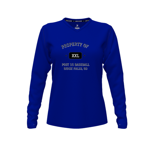 [CUS-DFW-TEES-CMF-VNK-LSL-RYL-FYXS-LOGO1] Decker Comfort T-Shirt (Female Youth XS, Royal, V Neck, Logo 1, Long Sleeve)
