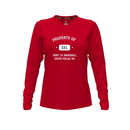 [CUS-DFW-TEES-CMF-VNK-LSL-RED-FYXS-LOGO2] Decker Comfort T-Shirt (Female Youth XS, Red, V Neck, Logo 2, Long Sleeve)