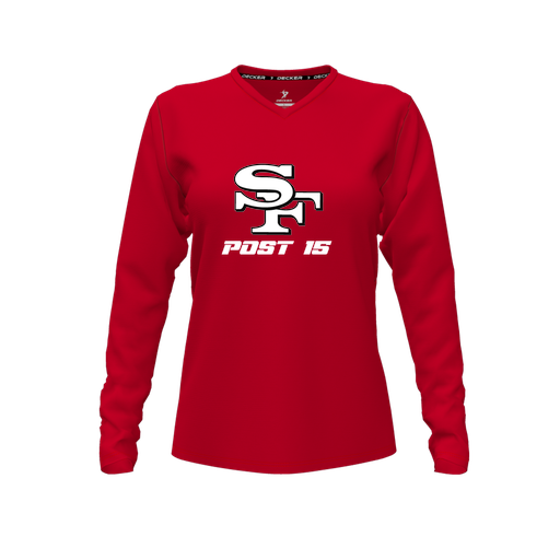 [CUS-DFW-TEES-PER-VNK-LSL-RED-FYXS-LOGO3] Decker Performance T-Shirt (Female Youth XS, Red, V Neck, Logo 3, Long Sleeve)