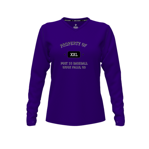 [CUS-DFW-TEES-PER-VNK-LSL-PUR-FYXS-LOGO1] Decker Performance T-Shirt (Female Youth XS, Purple, V Neck, Logo 1, Long Sleeve)
