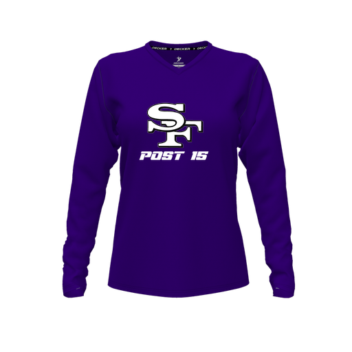 [CUS-DFW-TEES-PER-VNK-LSL-PUR-FYXS-LOGO3] Decker Performance T-Shirt (Female Youth XS, Purple, V Neck, Logo 3, Long Sleeve)